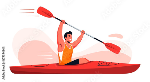 Sporty man kayaking on water using paddle in a red kayak vector illustration