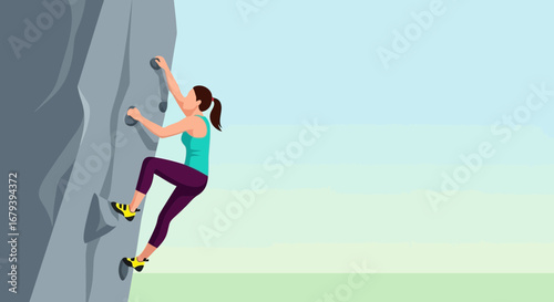 Sporty Woman Ascends Textured Rock Face Against Azure And Pastel Gradated Backdrop