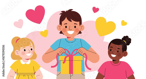 Sharing a gift of love and friendship between happy children with hearts background