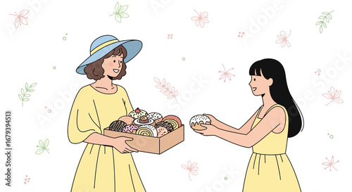 Sharing Delight: A Joyful Exchange of Freshly Baked Treats between Two Smiling Women