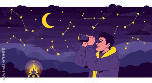 Stargazing Adventure: A Nighttime Explorer Observing The Constellations Overhead