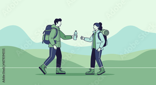 Sharing Refreshments During a Scenic Hike: Friendship, Nature, and Adventure Illustration