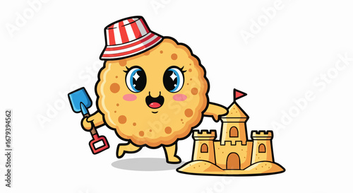 Cute Cookie Character Building Sandcastle Cartoon Illustration.