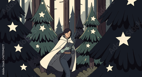 Starlit Woods: A Lone Figure In The Forest, Reading A Book Surrounded By Stars