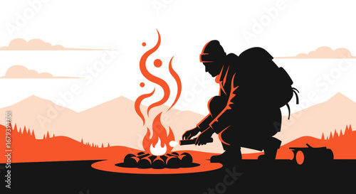 Silhouette of a camper starting a campfire in the wilderness landscape