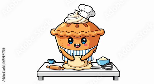 Cute pie character chef baking dough with baking tools.