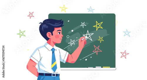 Student At The Blackboard Displaying Stars: Education, Learning, And Creative Illustration