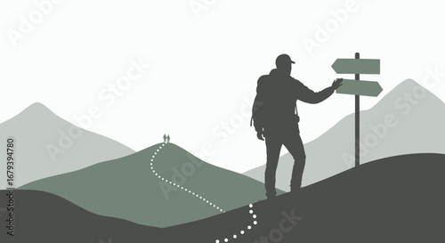 Silhouette of a hiker choosing a path, symbolizing decision-making in the mountains