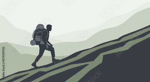 Silhouette Of A Hiker Climbing A Mountain In Dramatic Landscape With Haze