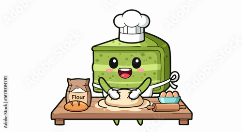 Cute Matcha Cake Chef Kneading Dough.