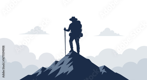 Silhouette of a hiker on a mountain peak, illustrating perseverance and success achieved