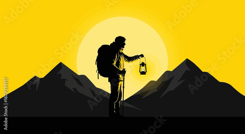 Silhouette of a Hiker on a Mountain with Sunset Behind and a Lantern