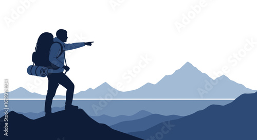 Silhouette of a Hiker Pointing Towards a Mountain Range with a Backpack