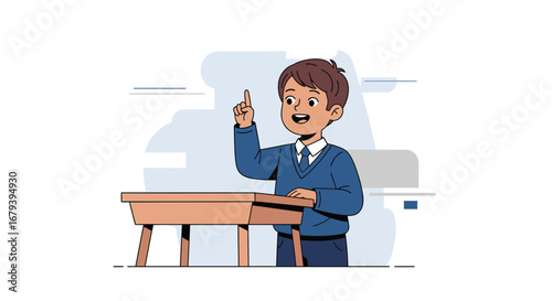 Student Raises Hand Happily in Lesson, Expressing Knowledge, Vector Illustration.