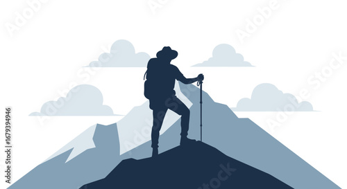 Silhouette of a hiker reaching the summit of a mountain with clouds in the background