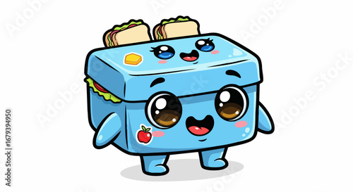 Adorable Cartoon Lunchbox Character with Toast and Big Eyes.