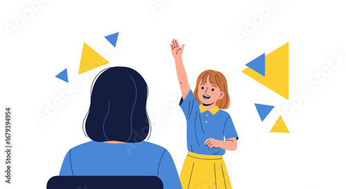 Student Raises Hand In Classroom Ready To Answer Questions, With Teacher, Learning Illustration