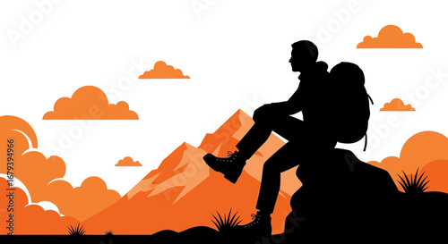 Silhouette of a Hiker Resting on a Mountain Peak with a Scenic Orange Background