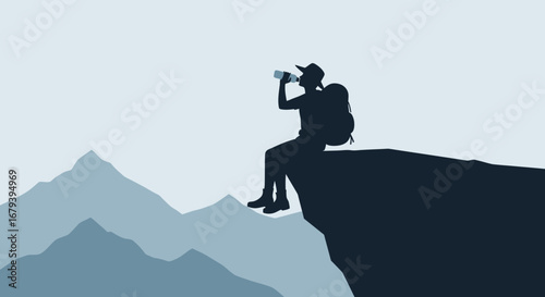 Silhouette Of A Hiker Resting On A Cliff Drinking Water During A Mountainous Ascent