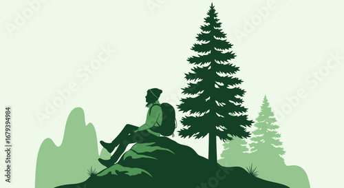 Silhouette of a hiker resting on a rock in the mountains, near trees in summer