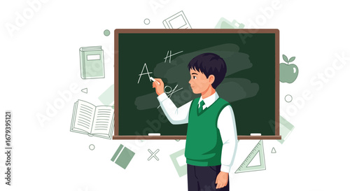 Student Writing Alphabet On Chalkboard, Education And Illustration Design Concept