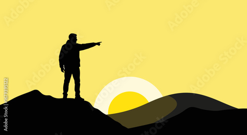 Silhouette of a man standing on a hill pointing towards the rising sun illustration