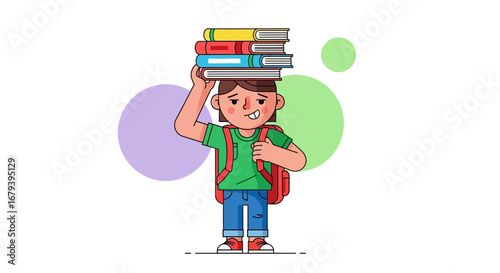 Student With Books Balancing On Head Illustrates Burden of Education and Knowledge