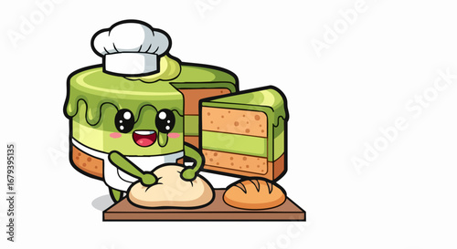 Cute Cartoon Cake Chef Kneading Dough Illustration.