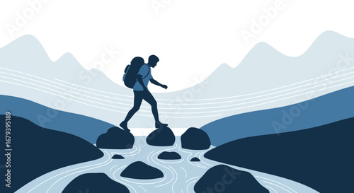 Silhouette of a person hiking over rocks in the water, surrounded by mountains