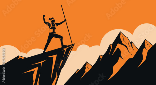Silhouette of a Person Reaching Mountain Summit, Achieving Success and Overcoming Challenges