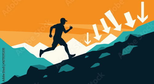 Silhouette Of A Person Running Uphill With Arrows, Illustrating Obstacles And Goals Achievment