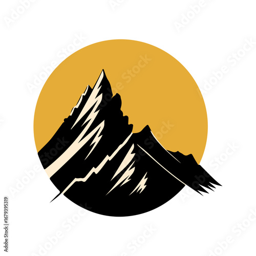 Majestic mountain range silhouette against a vibrant golden sun disk, symbolizing adventure and nature's grandeur