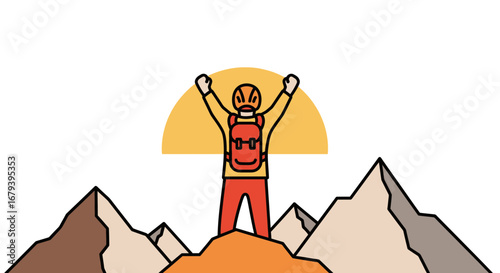 Successful Climber Celebrates Triumph On Mountain Peak, Accomplishment And Achievement Highlighted