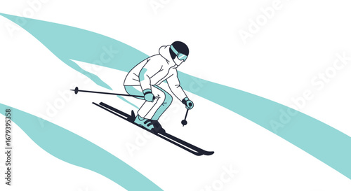 Stylized illustration of a skier gracefully gliding down a snowy mountain slope seamlessly