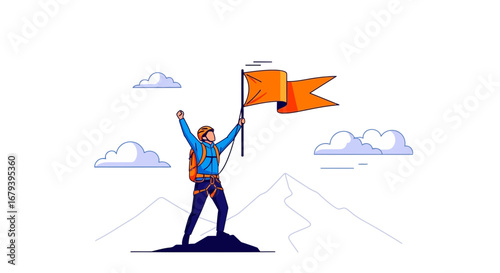 Successful climber raises flag on the mountain peak, achieving peak achievement