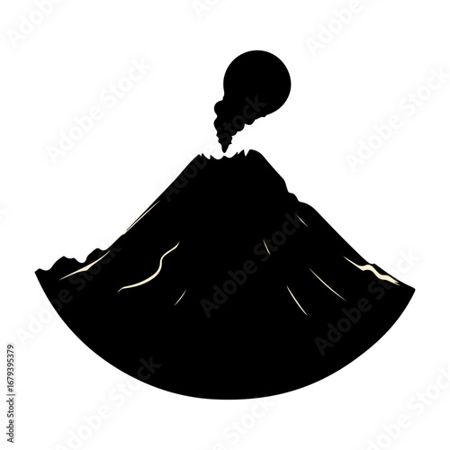 Stylized black silhouette of a smoking volcano with a rounded base and subtle light lines on its slopes
