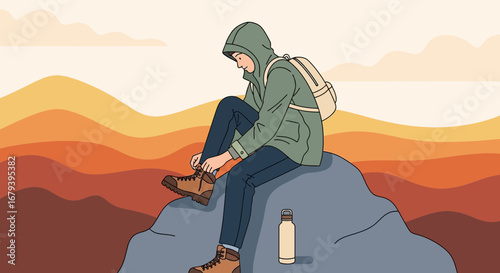 Silhouette Of A Person Sitting And Putting On Boots While Enjoying The Great Outdoors