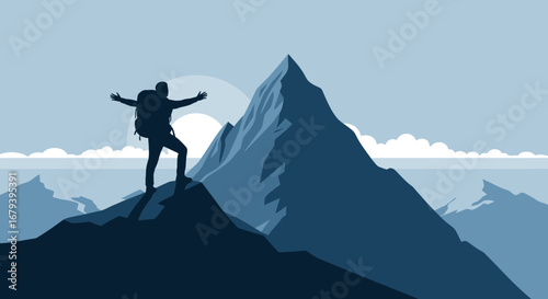 Successful Hiker Reaching Mountain Summit Expressing Victory and Achievement
