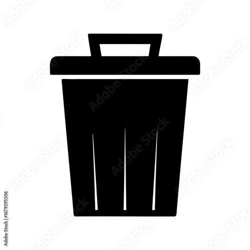 Simple minimalist black trash can with handle icon on white background