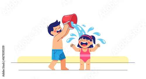 Summer Fun: Brotherly Joyful Moment of Splashing Water in Playful Delight