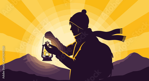 Silhouette of a person with a lantern exploring the mountains during sunset