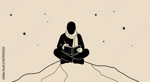 Silhouette of a Person Writing in a Book Under a Starry Sky and Contemplating