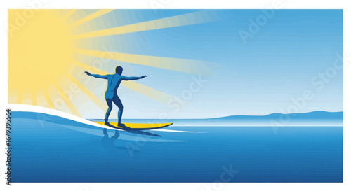 Sunlit Surfing Silhouette Against Blue Ocean Showing Summertime Bliss And Recreational Sport