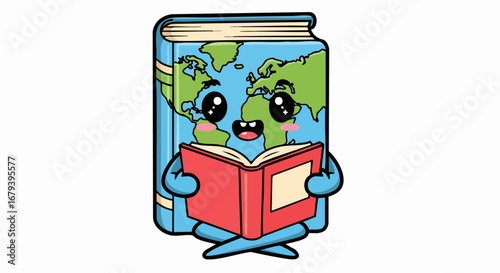 Cute cartoon world map book reading a story.