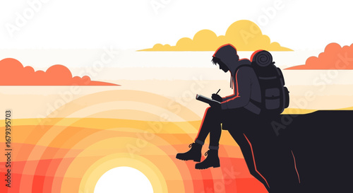Silhouette Of Alone Adventurer Writing In Notebook During Sunset And Sunrise Time