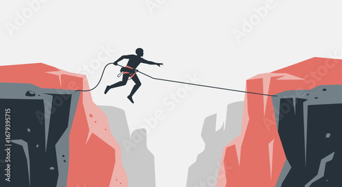Silhouette of adventurous person leaping over a canyon, conceptual risk-taking illustration