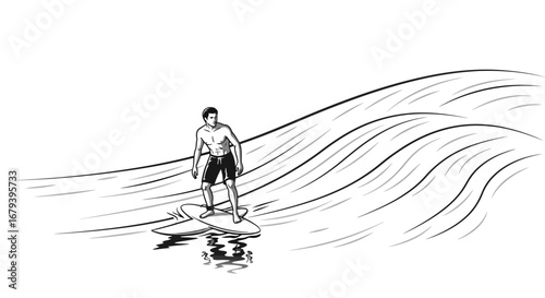 Surfer Balancing On Surfboard Amidst The Oceanic Crests In Monochrome Art