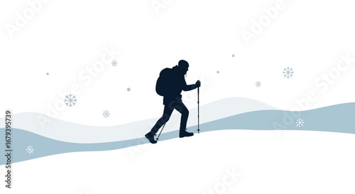 Silhouette Of An Adventurer Trekking Through Snow-Covered Terrain With Snowflakes Falling