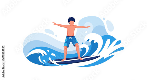 Surfer Balancing On The Board Amidst Of The Sparkling Ocean Waves Vector Illustration