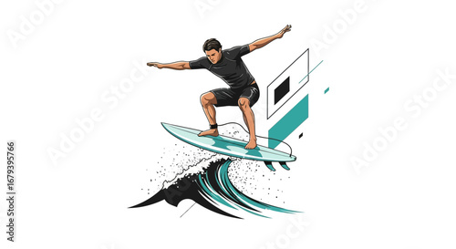 Surfer Balancing On Wave With Arms Outstretched In A Graphic Vector Illustration